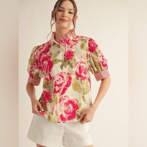 Pink red ruffle floral bubble button sleeve western blouse tunic top tank shirt